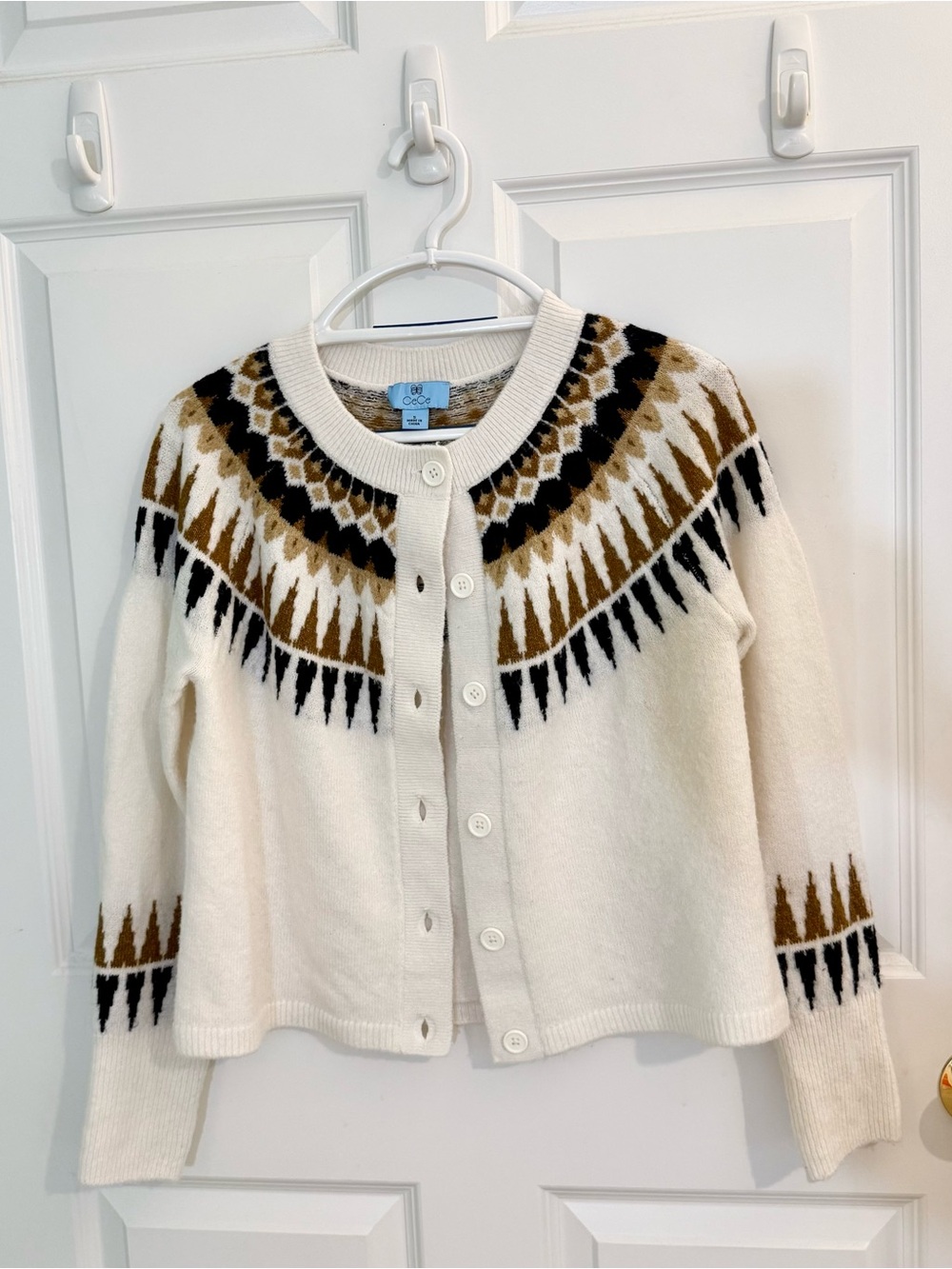 Cece Wool Blend Fair Isle Cardigan Sweater - Cream